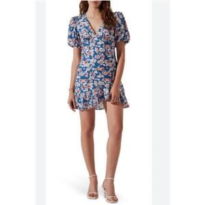 ASTR Babydoll Puff Sleeve Mini Dress in Blue Fuchsia Floral Women Size Small